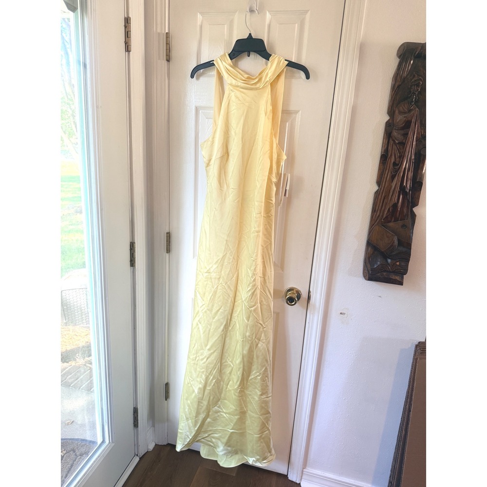 AQUA Sleeveless Satin Gown Butter Yellow High Neck Maxi Dress 14 NEW